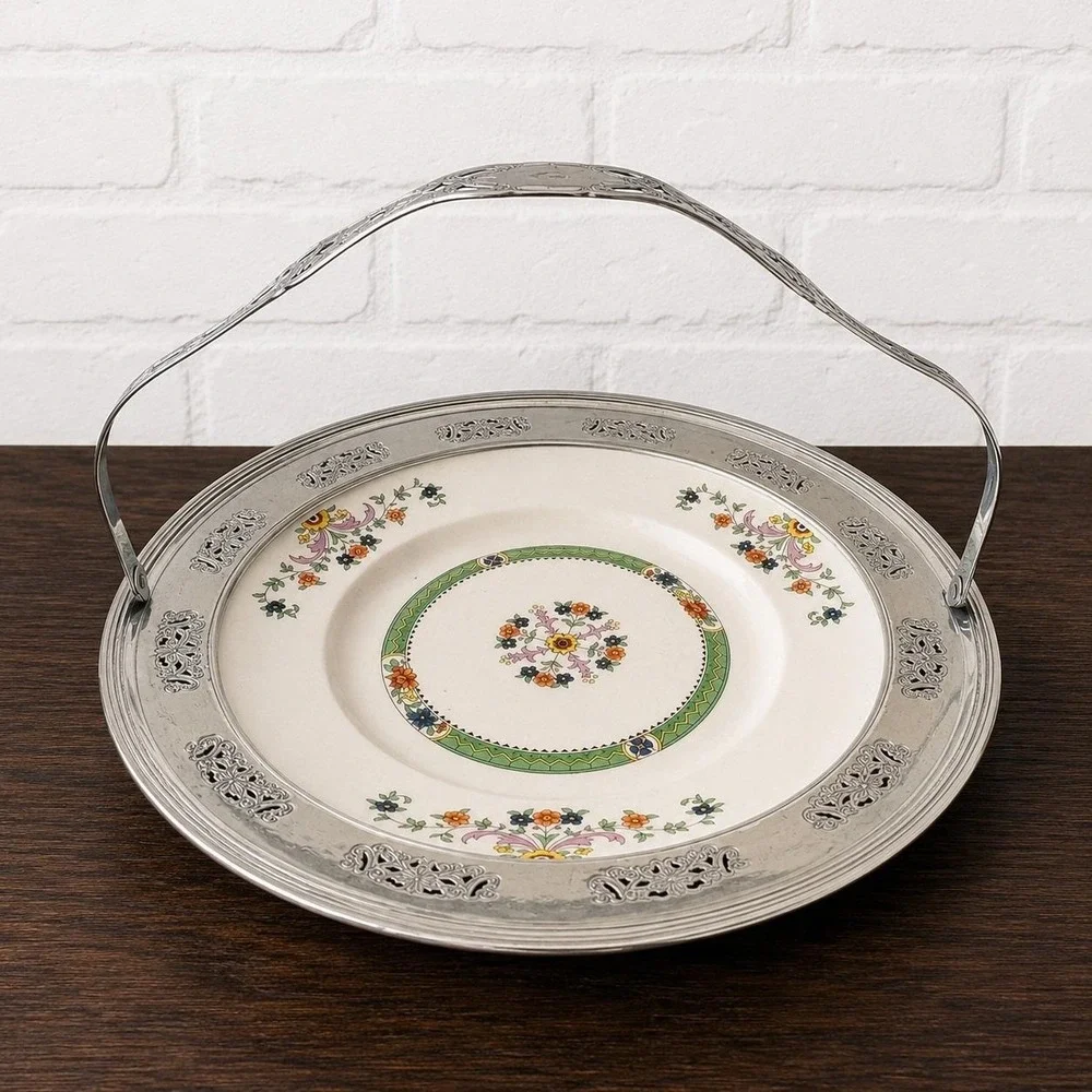 Vintage Hall China Lustreware Cake Plate, Chrome Forman Bros Handle Tray